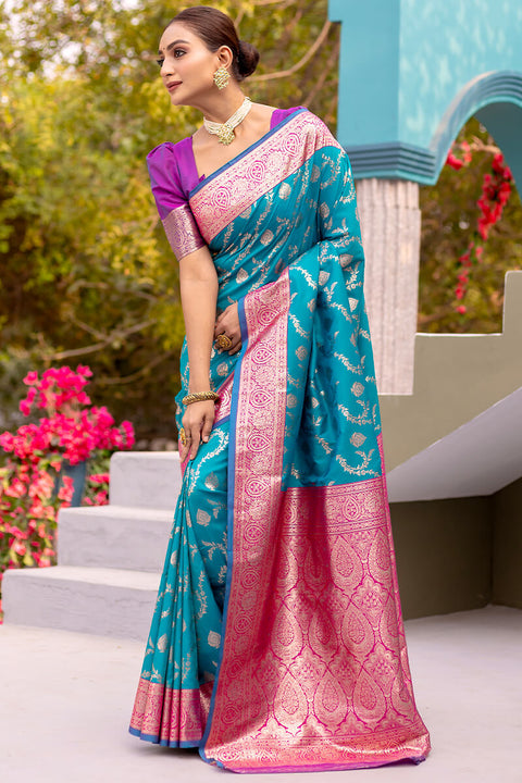 VastraLakshmi Unique Firozi Soft Banarasi Silk Saree With Energetic Blouse Piece