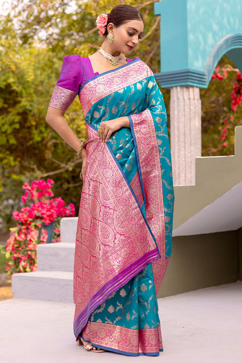 VastraLakshmi Unique Firozi Soft Banarasi Silk Saree With Energetic Blouse Piece