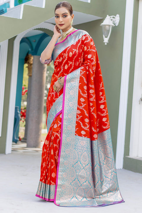 VastraLakshmi Invaluable Red Soft Banarasi Silk Saree With Demanding Blouse Piece