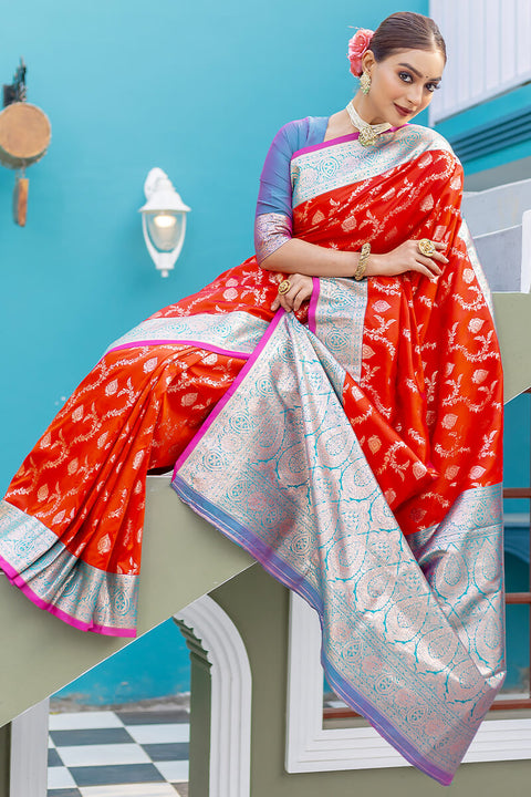 VastraLakshmi Invaluable Red Soft Banarasi Silk Saree With Demanding Blouse Piece