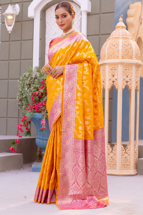 VastraLakshmi Radiant Yellow Soft Banarasi Silk Saree With Delightful Blouse Piece