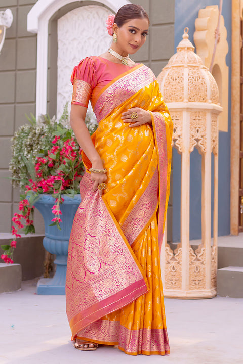 VastraLakshmi Radiant Yellow Soft Banarasi Silk Saree With Delightful Blouse Piece