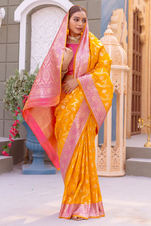 VastraLakshmi Radiant Yellow Soft Banarasi Silk Saree With Delightful Blouse Piece