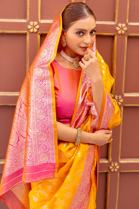 VastraLakshmi Radiant Yellow Soft Banarasi Silk Saree With Delightful Blouse Piece