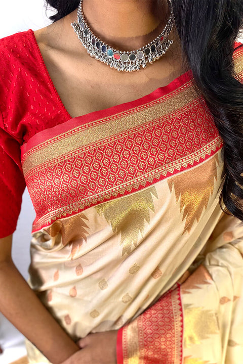 VastraLakshmi Precious Beige Soft Banarasi Silk Saree With Elegant Blouse Piece