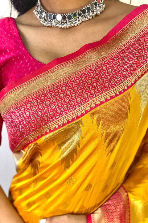 VastraLakshmi Precious Yellow Soft Banarasi Silk Saree With Elegant Blouse Piece