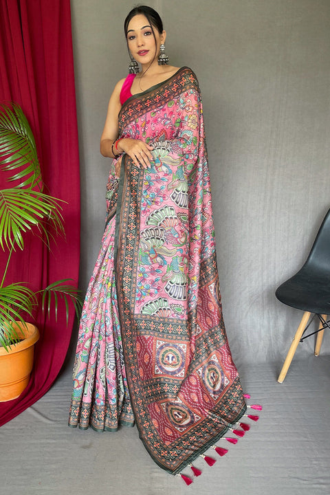 VastraLakshmi Gorgeous Pink Kalamkari Printed Saree With Deserving Blouse Piece