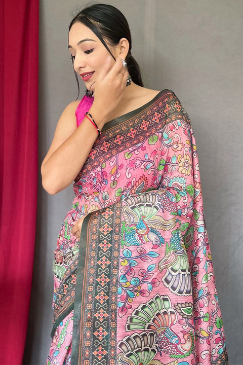 VastraLakshmi Gorgeous Pink Kalamkari Printed Saree With Deserving Blouse Piece