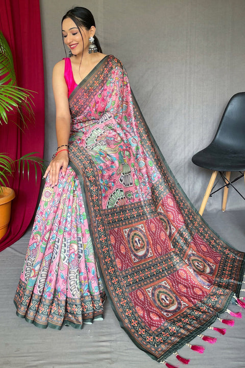 VastraLakshmi Gorgeous Pink Kalamkari Printed Saree With Deserving Blouse Piece