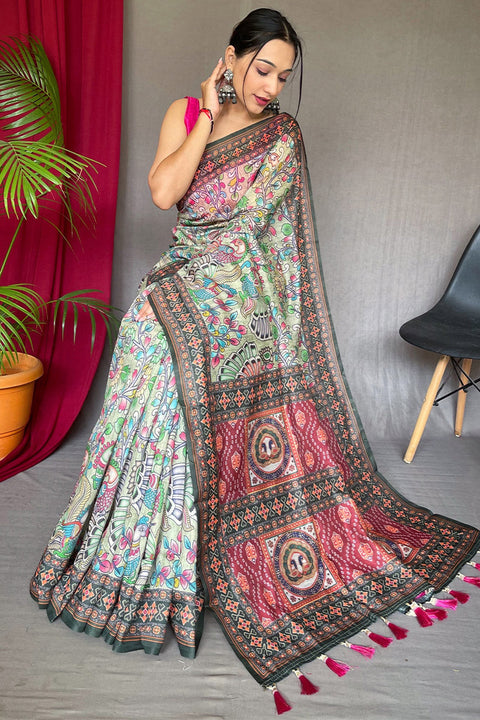 VastraLakshmi Extraordinary Pista Kalamkari Printed Saree With Flattering Blouse Piece