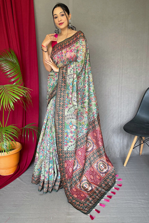 VastraLakshmi Extraordinary Pista Kalamkari Printed Saree With Flattering Blouse Piece