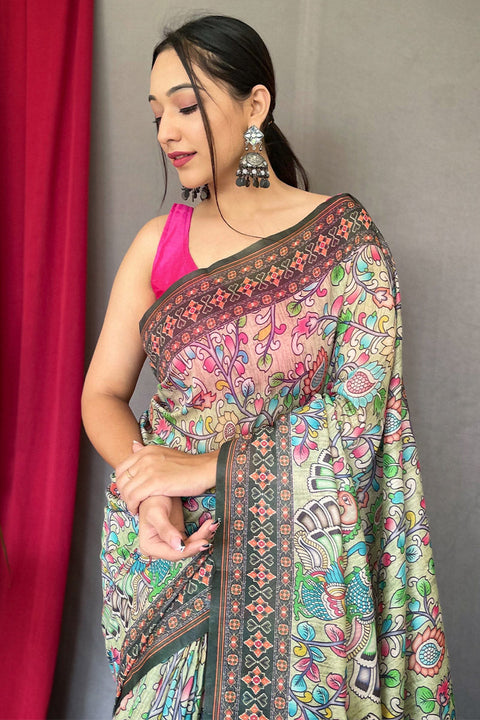 VastraLakshmi Extraordinary Pista Kalamkari Printed Saree With Flattering Blouse Piece