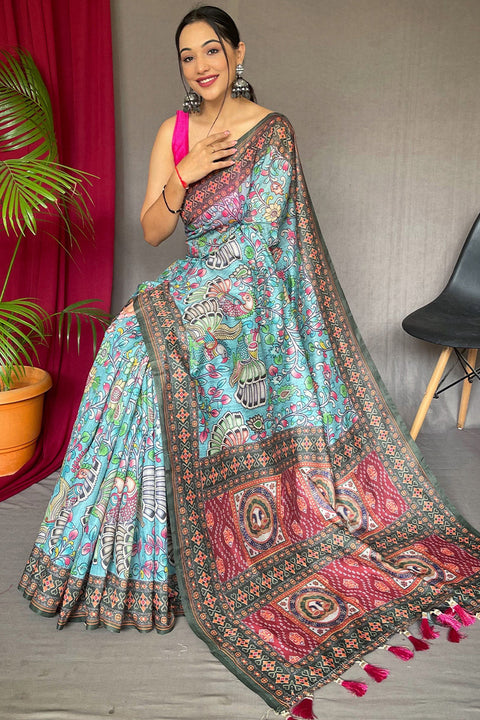 VastraLakshmi Innovative Sky Kalamkari Printed Saree With Preferable Blouse Piece