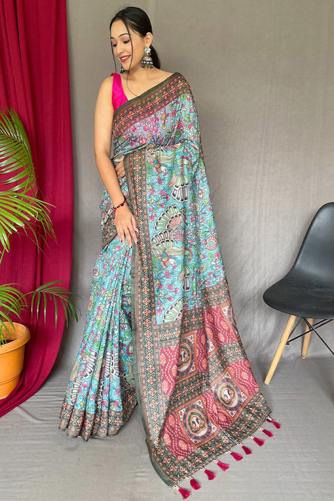 VastraLakshmi Innovative Sky Kalamkari Printed Saree With Preferable Blouse Piece