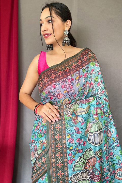 VastraLakshmi Innovative Sky Kalamkari Printed Saree With Preferable Blouse Piece