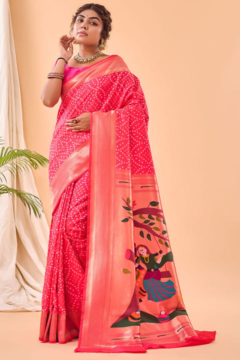 VastraLakshmi Resplendent Dark Pink Paithani Silk Saree With Innovative Blouse Piece