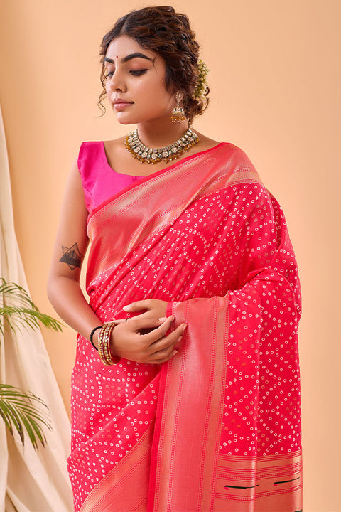 VastraLakshmi Resplendent Dark Pink Paithani Silk Saree With Innovative Blouse Piece