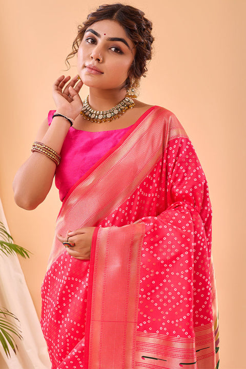 VastraLakshmi Resplendent Dark Pink Paithani Silk Saree With Innovative Blouse Piece