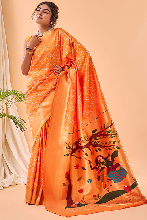 VastraLakshmi Winsome Orange Paithani Silk Saree With Staring Blouse Piece