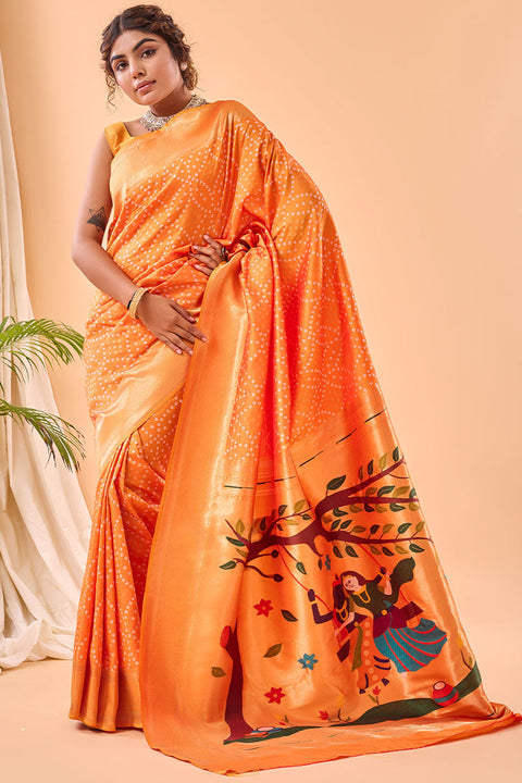 VastraLakshmi Winsome Orange Paithani Silk Saree With Staring Blouse Piece