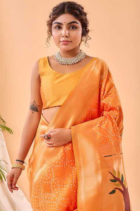 VastraLakshmi Winsome Orange Paithani Silk Saree With Staring Blouse Piece