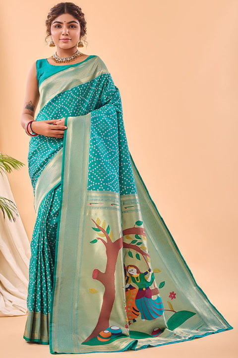 VastraLakshmi Ephemeral Turquoise Paithani Silk Saree With Demure Blouse Piece