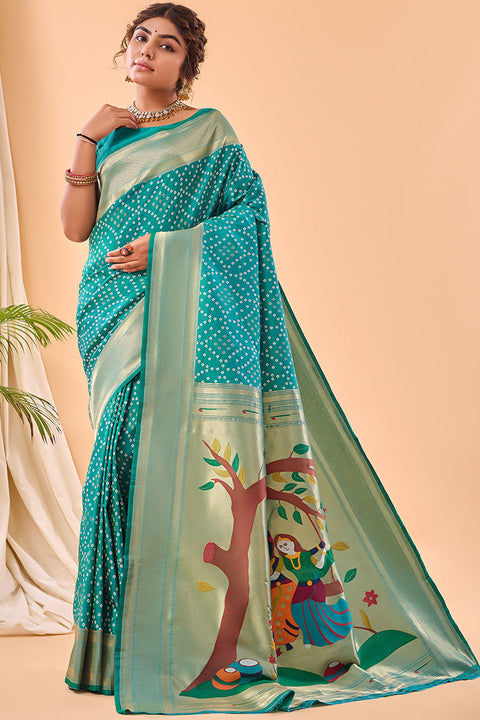 VastraLakshmi Ephemeral Turquoise Paithani Silk Saree With Demure Blouse Piece