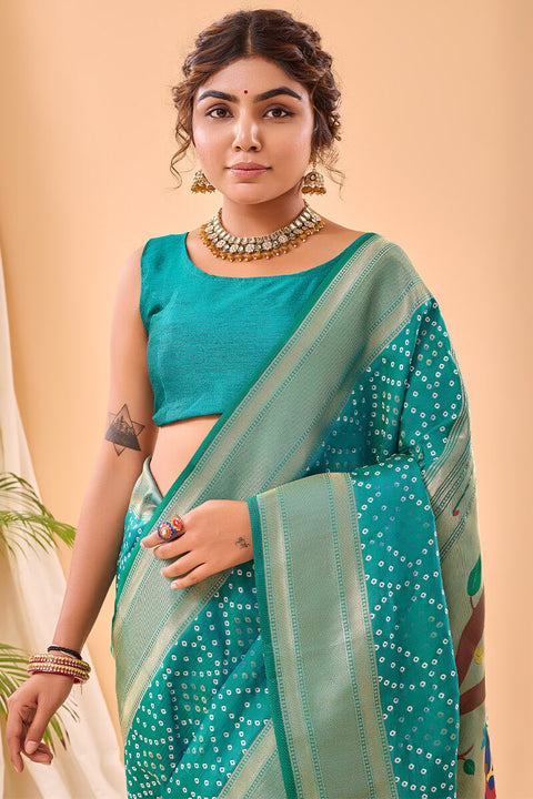 VastraLakshmi Ephemeral Turquoise Paithani Silk Saree With Demure Blouse Piece