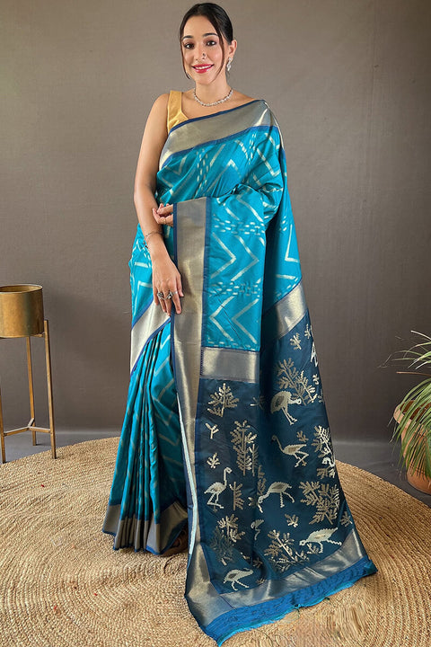 VastraLakshmi Stunning Firozi Soft Banarasi Silk Saree With Piquant Blouse Piece