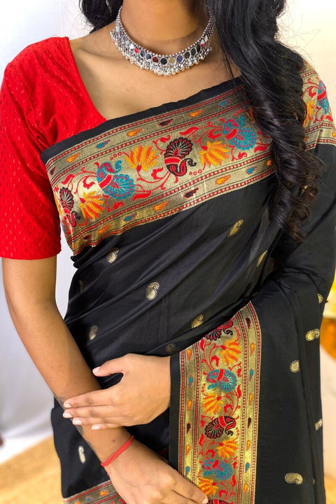 VastraLakshmi Unique Black Paithani Silk Saree With Smart Blouse Piece