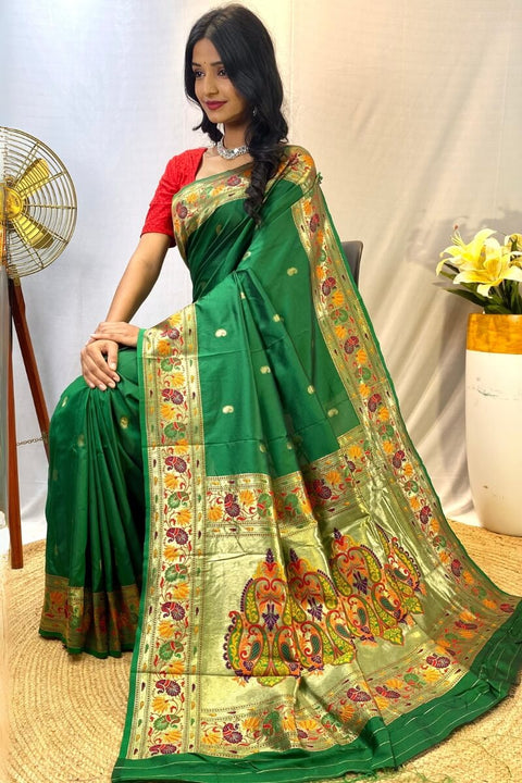 VastraLakshmi Fairytale Green Paithani Silk Saree With Excellent Blouse Piece