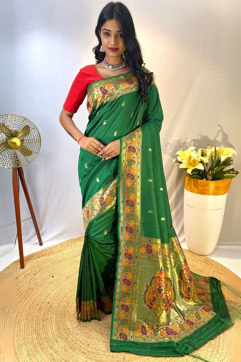 VastraLakshmi Fairytale Green Paithani Silk Saree With Excellent Blouse Piece