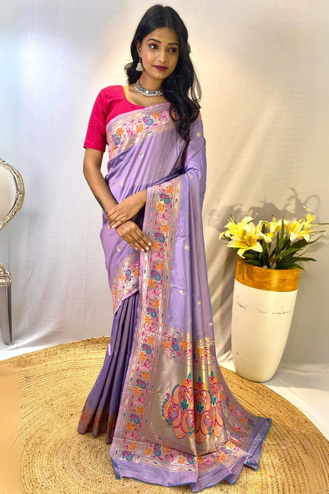 VastraLakshmi Demesne Lavender Paithani Silk Saree With Embrocation Blouse Piece