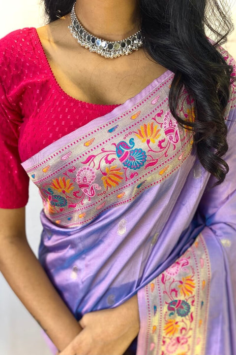 VastraLakshmi Demesne Lavender Paithani Silk Saree With Embrocation Blouse Piece