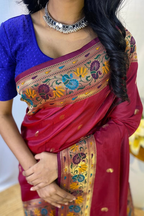 VastraLakshmi Mellifluous Maroon Paithani Silk Saree With Sumptuous Blouse Piece