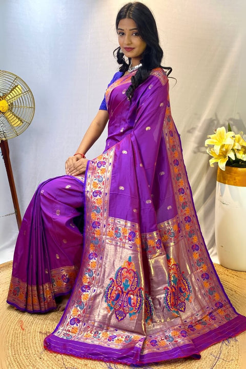 VastraLakshmi Enamoring Purple Paithani Silk Saree With Rhapsody Blouse Piece