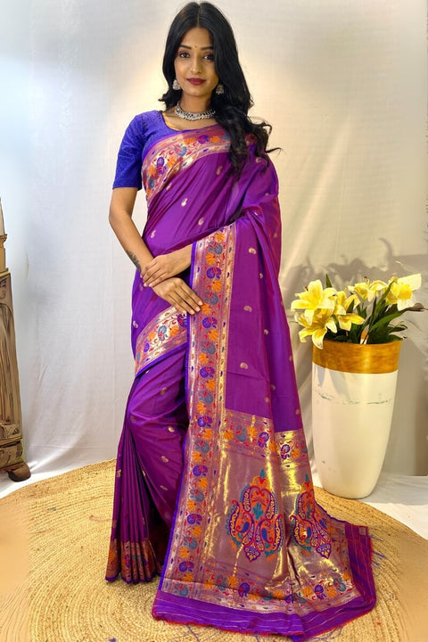 VastraLakshmi Enamoring Purple Paithani Silk Saree With Rhapsody Blouse Piece