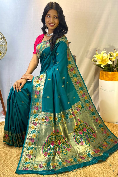 VastraLakshmi Ethereal Rama Paithani Silk Saree With Nebula Blouse Piece