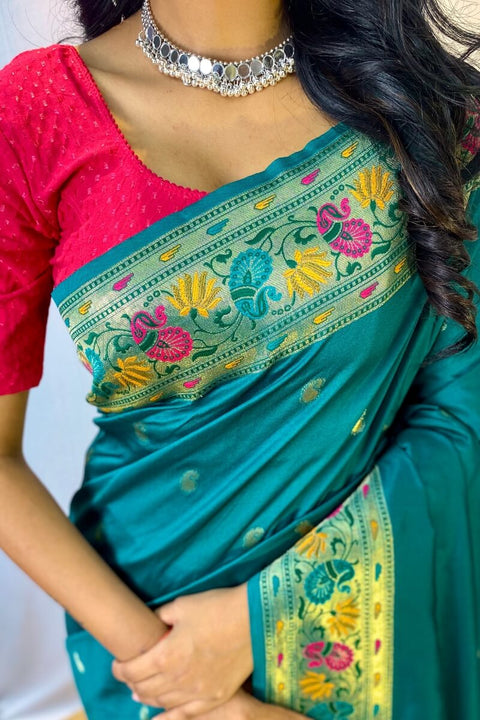 VastraLakshmi Ethereal Rama Paithani Silk Saree With Nebula Blouse Piece