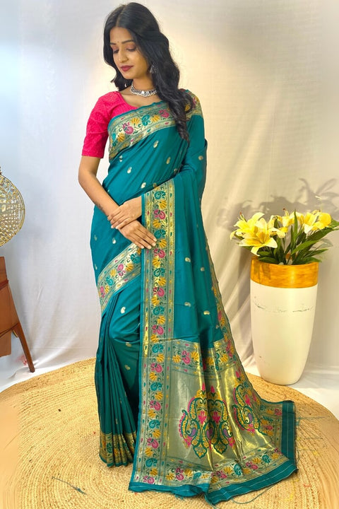 VastraLakshmi Ethereal Rama Paithani Silk Saree With Nebula Blouse Piece