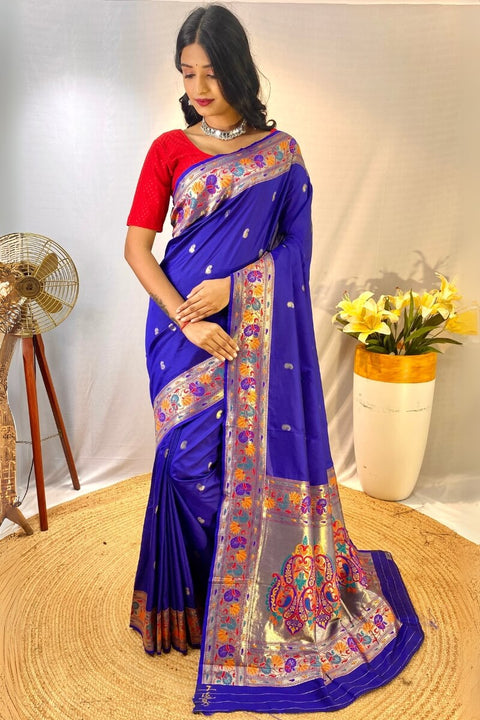 VastraLakshmi Tantalizing Royal Blue Paithani Silk Saree With Sonorous Blouse Piece