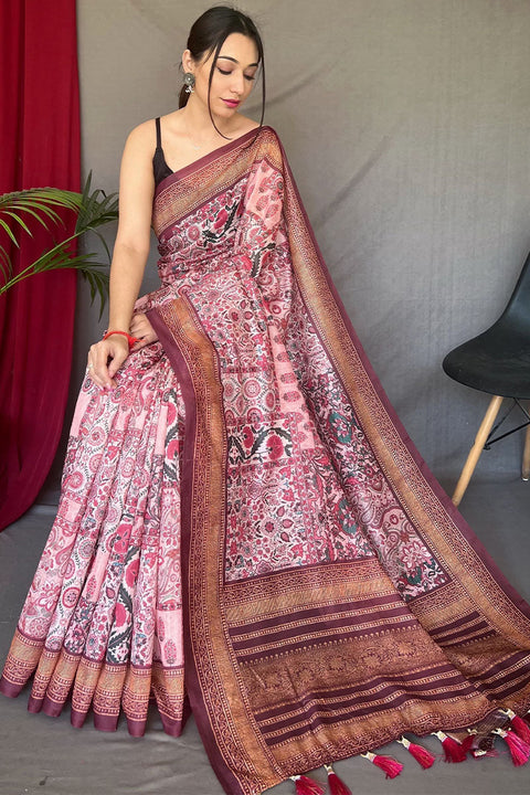 VastraLakshmi Unique Baby Pink Digital Printed Cotton Silk Saree With Charming Blouse Piece