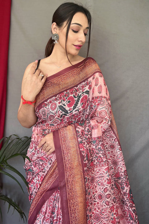 VastraLakshmi Unique Baby Pink Digital Printed Cotton Silk Saree With Charming Blouse Piece