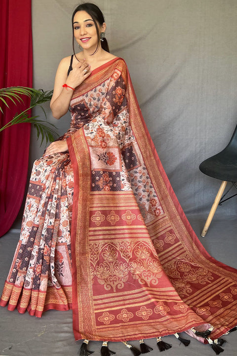 VastraLakshmi Smart Beige Digital Printed Cotton Silk Saree With Desiring Blouse Piece