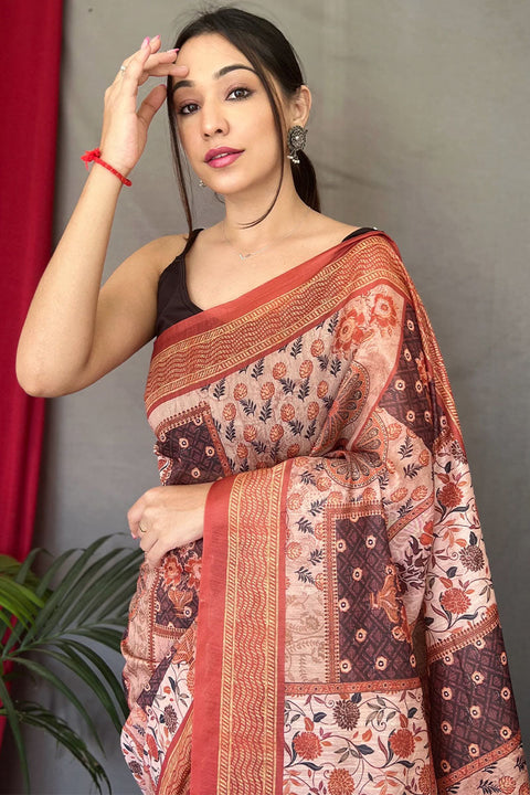 VastraLakshmi Smart Beige Digital Printed Cotton Silk Saree With Desiring Blouse Piece