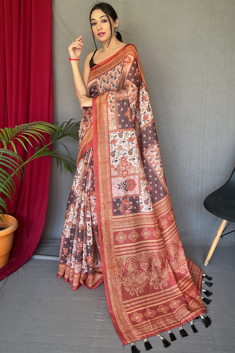 VastraLakshmi Smart Beige Digital Printed Cotton Silk Saree With Desiring Blouse Piece