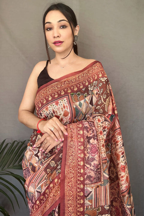 VastraLakshmi Hypnotic Brown Digital Printed Cotton Silk Saree With Radiant Blouse Piece