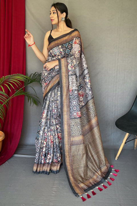 VastraLakshmi Delightful Grey Digital Printed Cotton Silk Saree With Classic Blouse Piece