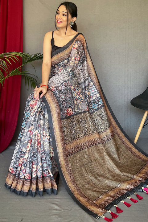 VastraLakshmi Delightful Grey Digital Printed Cotton Silk Saree With Classic Blouse Piece