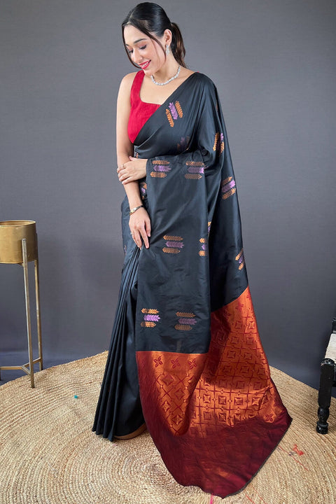 VastraLakshmi Arresting Black Soft Banarasi Silk Saree With Girlish Blouse Piece